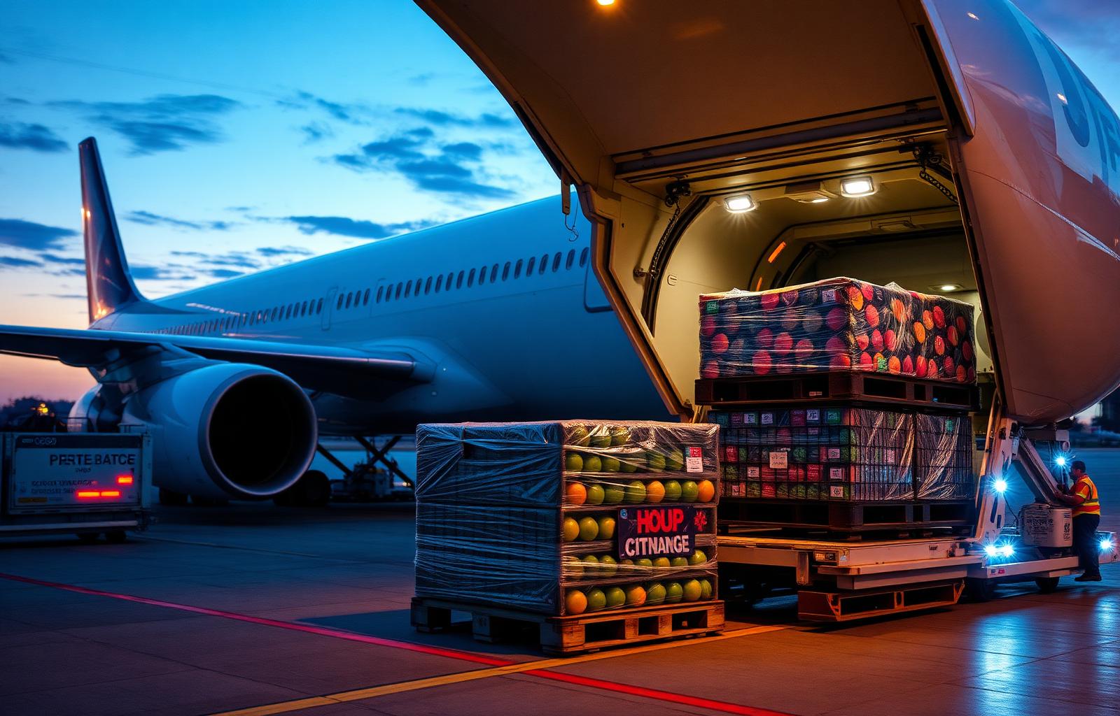 Pallets of fresh crops ready for plane loading