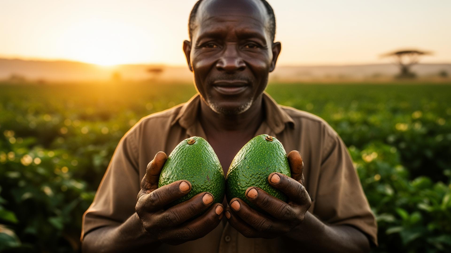 A Kenyan farmer holding fresh avocados