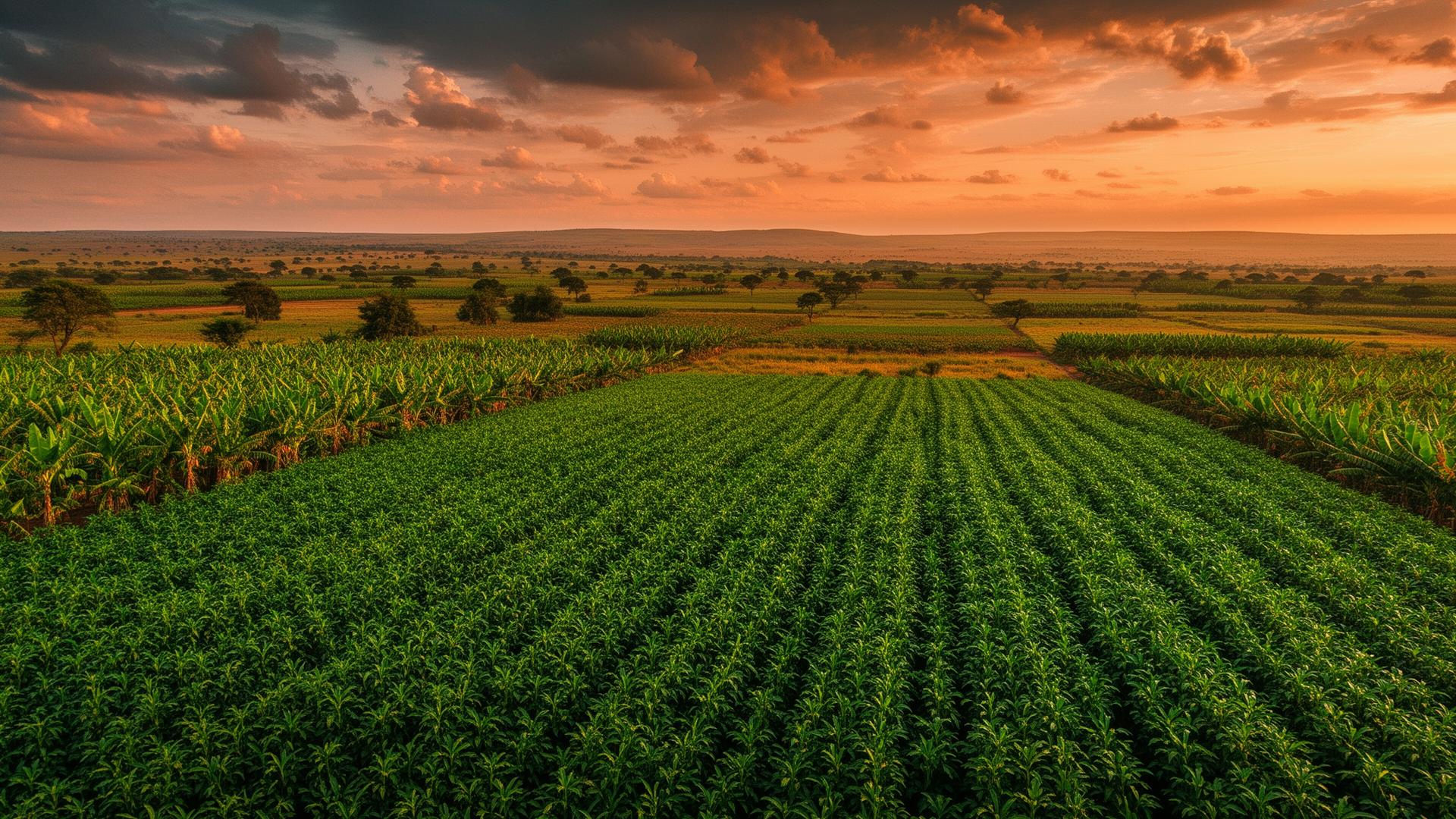 Aerial view of Kenyan farmland at golden hour